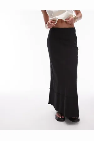 Topshop Linen raw edge trim bias maxi skirt in black