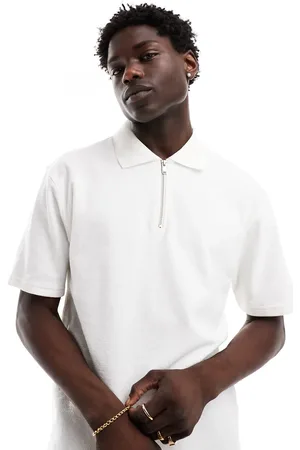 River Island Zip neck polo shirt in ecru
