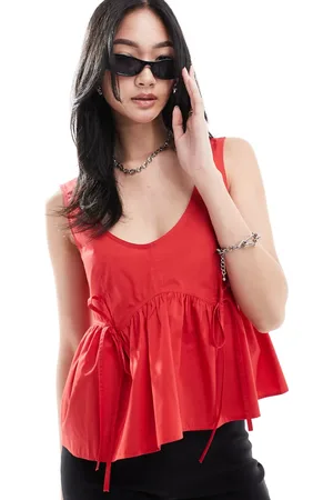 COLLUSION Poplin smock top with tie detail in red