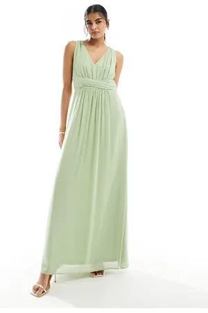 VILA Bridesmaid wrap waist detail maxi dress with pleat front in sage