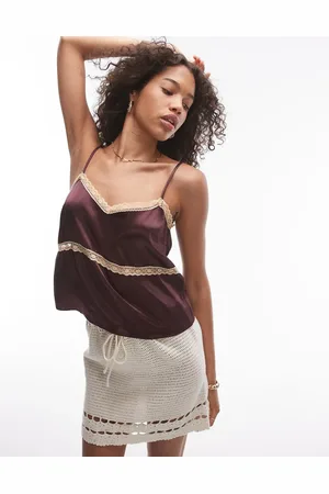 Topshop Satin lace cami in wine with apricot lace
