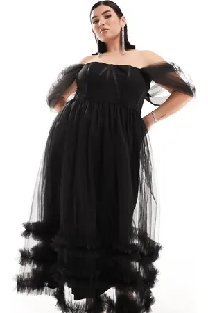 Lace & Beads Off shoulder ruffle tulle midaxi dress in