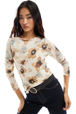 VILA Long sleeved mesh top in beige watercolour floral