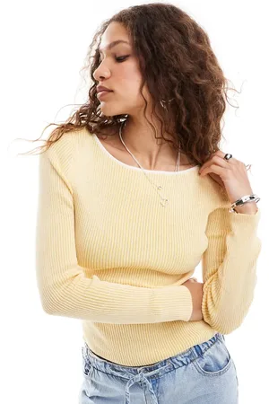 Monki Long sleeve rib knit boat neck top in two tone and white