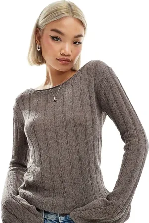 Weekday Semi sheer slim fit jumper with flare sleeve in mole exclusive to ASOS