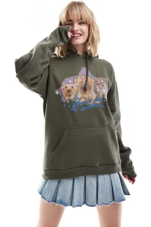 Minga London oversized hoodie with cute dogs graphic in khaki