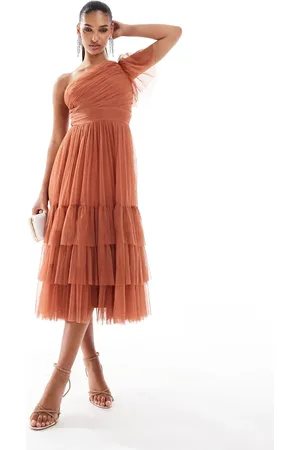 Lace & Beads Bridesmaid Madison one shoulder tulle midi dress in terracotta rose