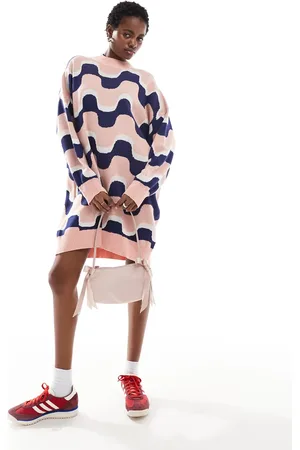 Monki Oversized knitted mini dress in blue and pink wavy stripe pattern jacqaurd