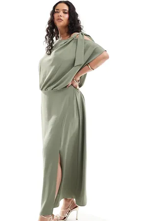 ASOS Curve tie shoulder blouson midi dress in khaki