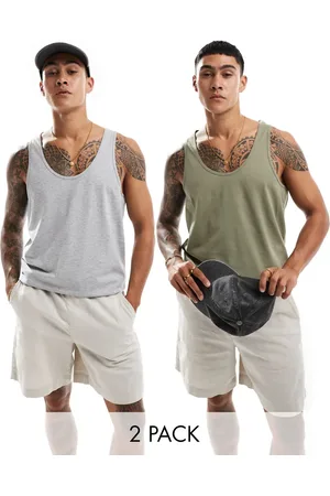ASOS 2 pack vests in khaki and grey marl