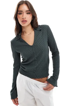 VILA Textured button front open collar top in