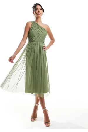 Lace & Beads Bridesmaid one shoulder tulle midi dress in soft olive