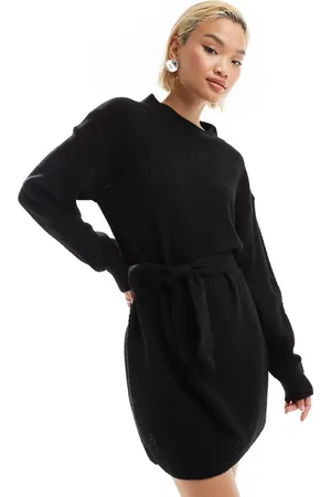 Glamorous Rib knit tie waist mini knitted dress in