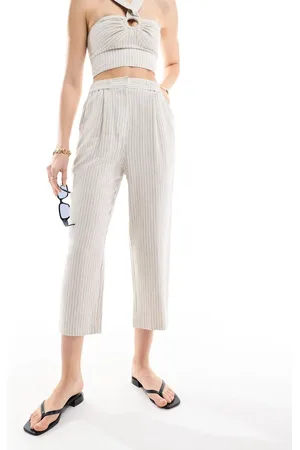 Miss Selfridge Linen stripe pull on tapered trouser in natural
