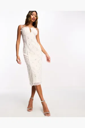 Starlet Exclusive ruched cup embellished midi dress in ivory