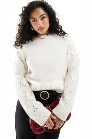 & OTHER STORIES Sweater with 3D flower embellished sleeves in beige