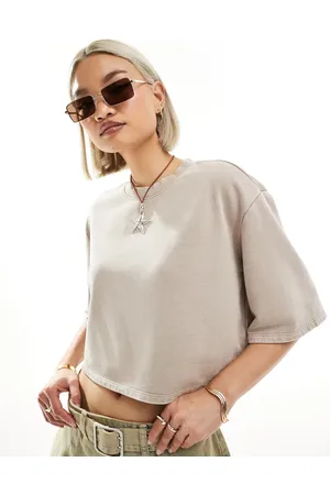 Monki Short sleeve relaxed fit cropped t-shirt in mole beige acid wash