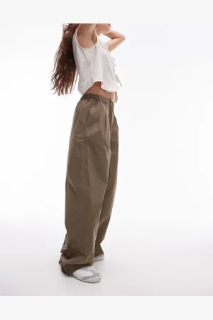 Topshop Super wide leg pleated poplin trouser in khaki