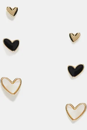 ASOS Pack of 3 stud earrings with faux pearl and black enamel heart design in tone