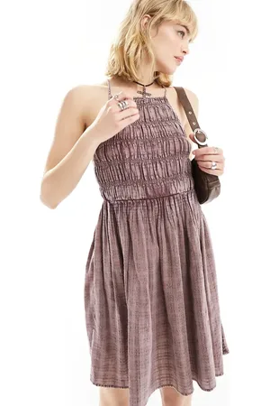COLLUSION Western shirred halter mini sun dress in washed