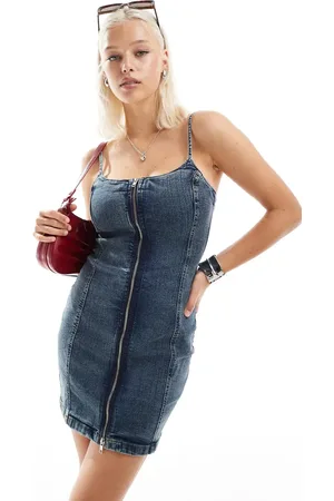 Monki Zip up mini denim dress in washed