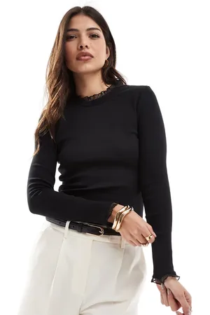 ONLY Long sleeve ribbed lace trim top in