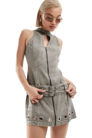 COLLUSION Twill motor cross mini dress with eyelet detail in green
