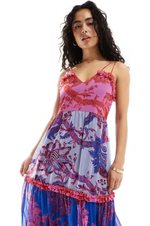 HOPE & IVY Cami smock midi dress with tie shoulders in colourblock floral print