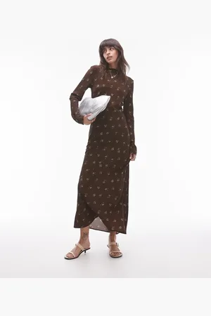 Topshop Long sleeve slash neck maxi dress in brown ditsy print