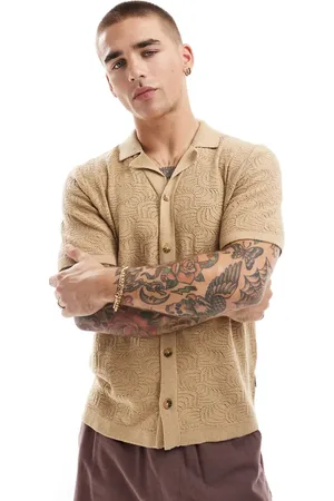 Only & Sons Revere collar open knit shirt in tan