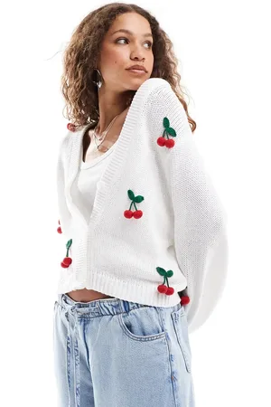 Monki Cable knit boxy button front cardigan with 3D cherries in