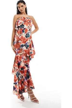 True Violet Premium bandeau ruffle tiered maxi dress in floral