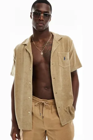 Ralph Lauren Icon logo pocket short sleeve lightweight cotton terry revere collar shirt in beige