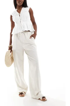 Pieces® Linen touch drawstring waist wide leg trousers in cream