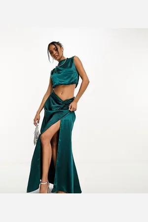 In The Style Exclusive satin twist front maxi skirt co-ord in teal