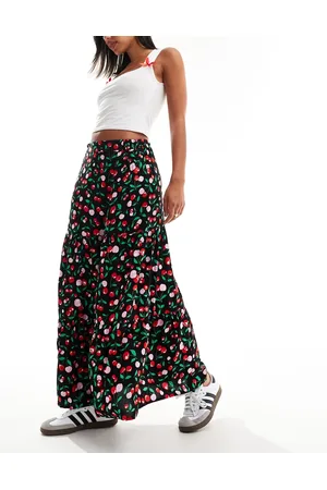 Monki Midi tiered skirt in cherry print