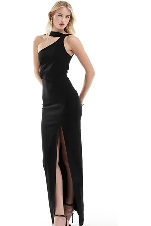 Vesper One shoulder neck detail thigh split maxi dress in