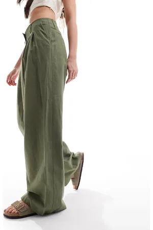 Monki Linen tailored wide leg trousers in khaki