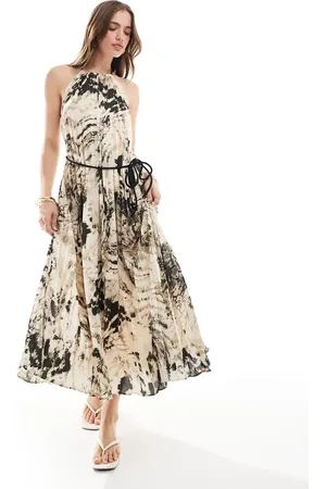 MANGO Snake print halterneck pleated midi dress in