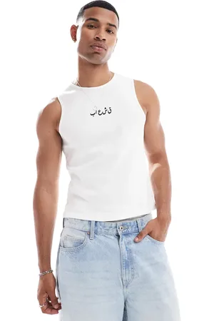 ASOS Muscle fit rib vest in with text embroidery