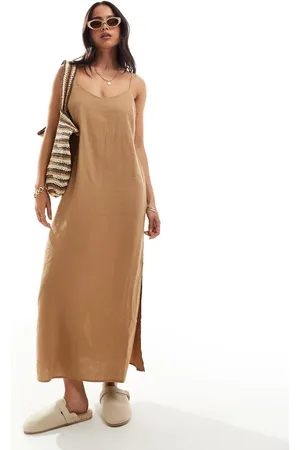 New Look Linen look strappy slip midi dress in camel