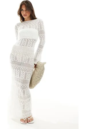 Pimkie Crochet long sleeve scoop back maxi dress in ecru