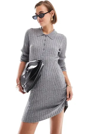 Object Knitted henley mini dress in medium melange