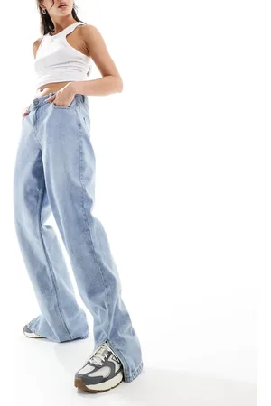 Sixth June Low rise acid wash wide leg jeans with split hem in