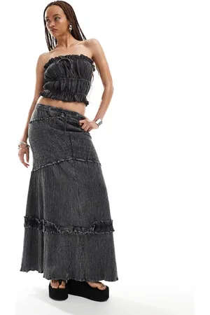 COLLUSION Cotton crinkle column maxi skirt co-ord with shirred detail in washed charcoal