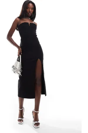 Vesper Notch detail cami strap thigh split midi dress in