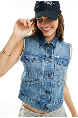 Wrangler Shrunken denim vest in mid wash