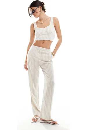 ONLY Straight leg linen mix trouser co-ord in stone pinstripe