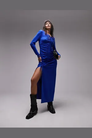 Topshop Super soft ruched front long sleeve midi dress in cobalt
