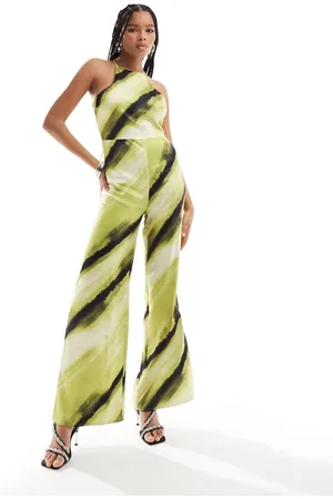 ASOS Satin racer wide leg jumpsuit in green abstract print